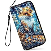 GFRGTFHYT Womens Wallet, Large Capacity RFID Blocking PU Leather Wristlet Wallets for Women Ladies Men Credit Card Holder Zipper Wallet Phone Holder Clutch Travel Purse, Fox Art