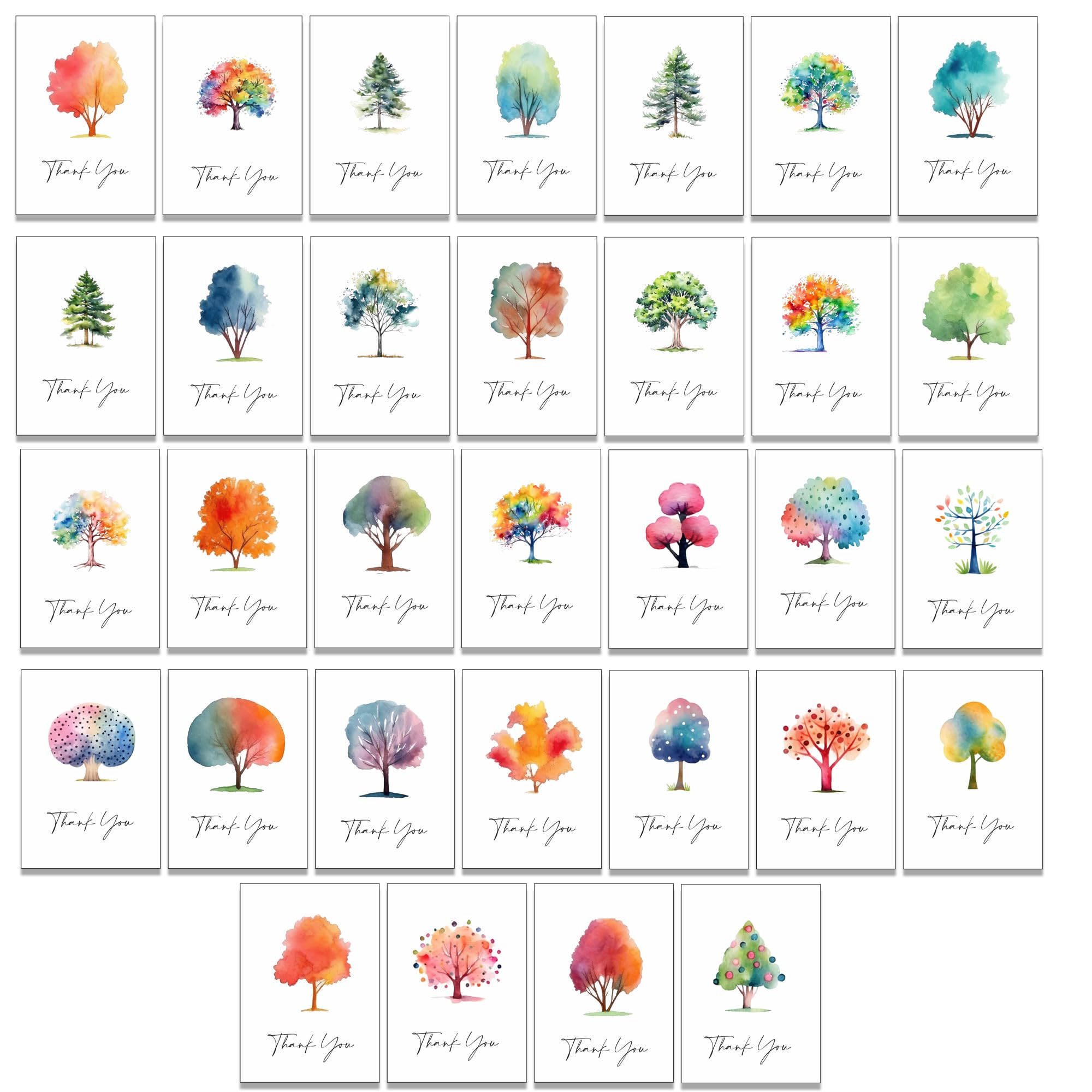 32 Thank You Greeting Cards with 32 Different Designs on the Front with Kraft Brown Envelopes Included (Trees)