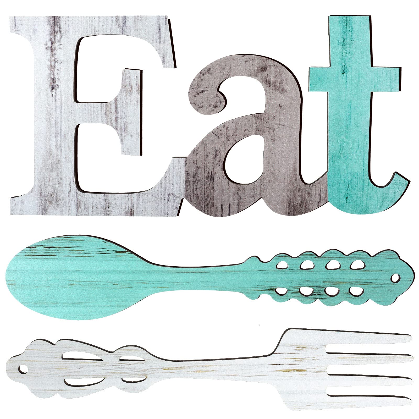 Jetec Set of Eat Sign, Fork and Spoon Wall Decor, Rustic Wood Decoration, Cute Eat Letters for Kitchen and Home, Decorative Hanging Wooden Letters, Country Wall Art for Room(Delicate Colors)