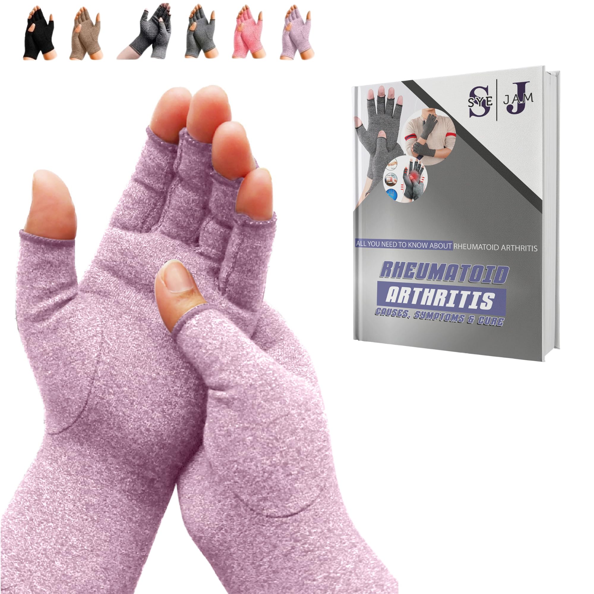 SyeJam Arthritis Gloves Fingerless- Rheumatoid Arthritis Compression Gloves for Pain Relief - Purple (L) 1 Pair