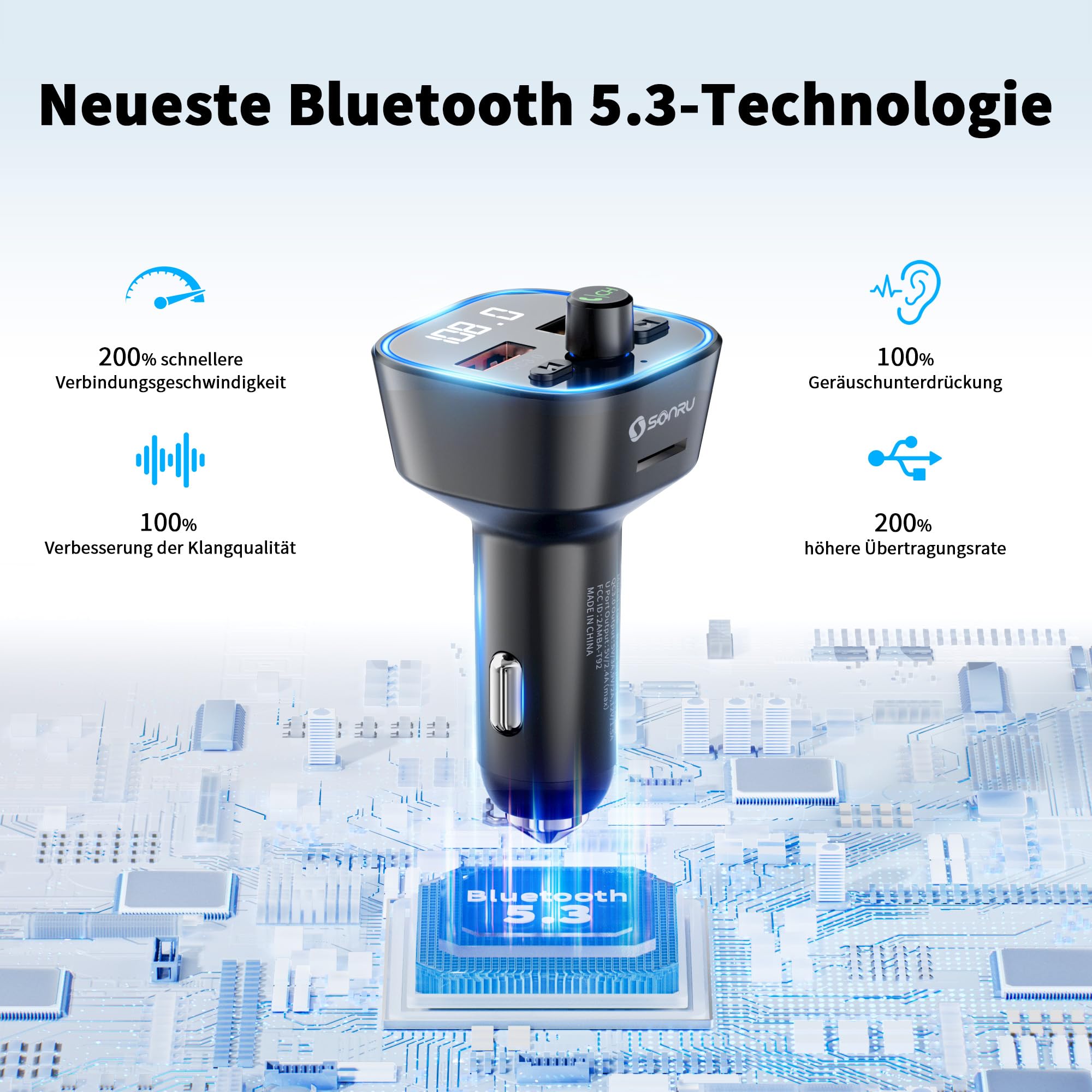 SONRU FM Transmitter Auto Bluetooth 5.3,Musik Adapter für Auto Radio,Car Radio Zigarettenanzünder, Freisprecheinrichtung und Ladegerät mit 2 USB-Anschlüssen, HiFi-Höhen- und Basswiedergabe 2
