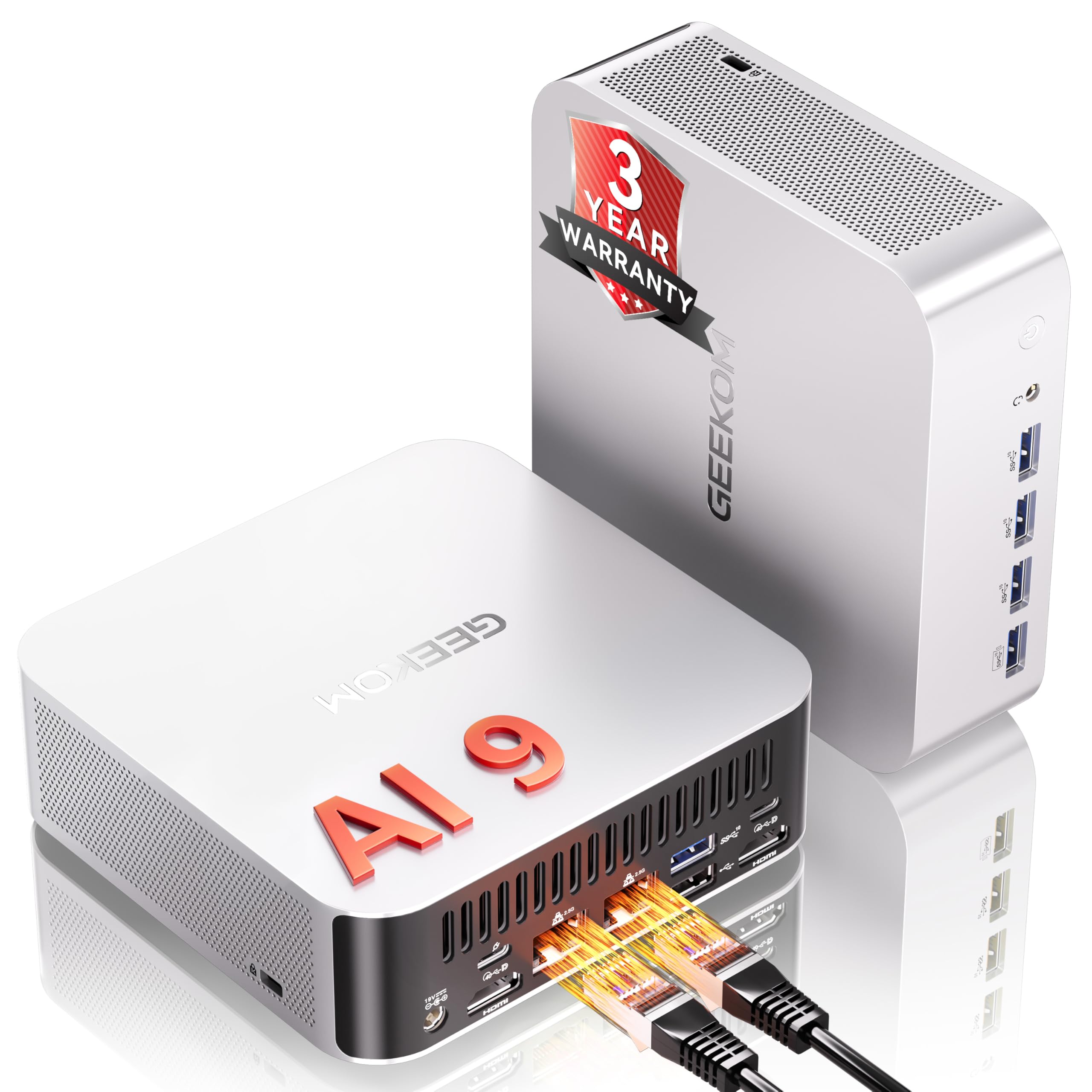 Mini PC GEEKOM A9 Max AI, con AMD Ryzen AI 9 HX 370 (80 tops), Copilot+ PC, Radeon 890M, 32GB DDR5 (no LPDDR), 2TB SSD, Win 11 Pro, WiFi 7, BT 5.4, USB4, HDMI 2.1, Dual 2.5GbE, 8K, 3 años de garantía