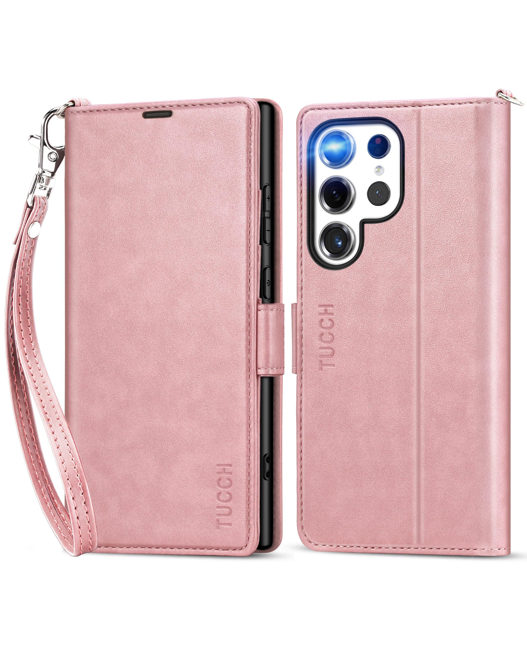 TUCCH Flip Case for Galaxy S24 Ultra (6.8"), PU Leather Wallet Stand Case with Wrist Strap, RFID Blocking, Card Slots, Shockproof TPU, Viewing Stand, Magnetic Folio Cover for Women Girls, Rose Gold