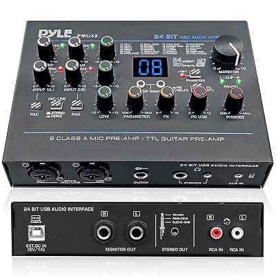 Pyle USB Audio Interface - MIC/LINE - Guitar - AUX Stereo & RCA Inputs - Preset 24 Digital Effects - Phantom Power - Phone/Stereo/Monitor/Headphone Outputs - For Computer Playing & Recording - PMUX9