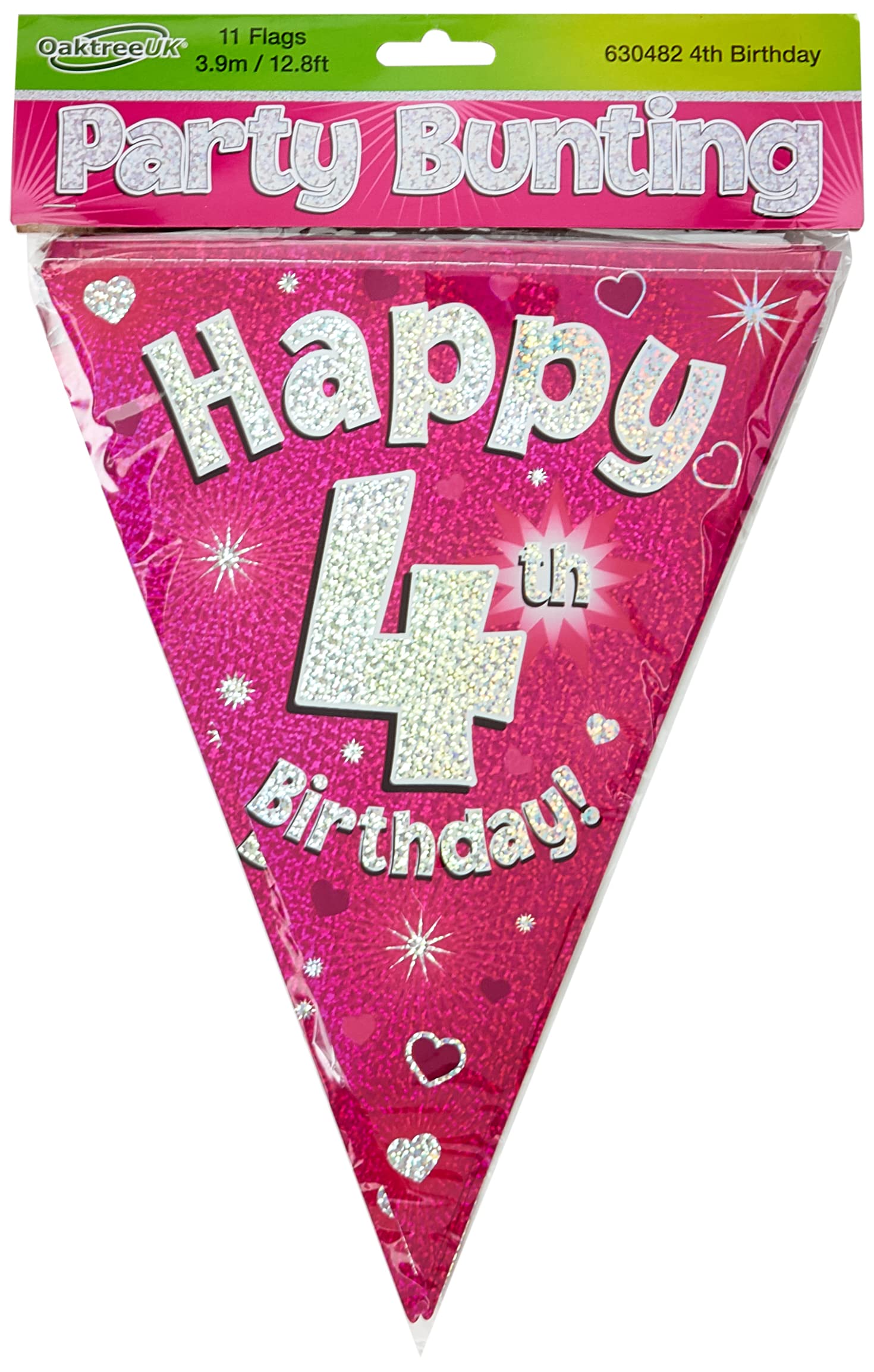 Party Bunting Happy 4th Birthday Pink Holographic 11 Flags 3.9m