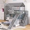 Merax Twin Over Twin House Bunk Bed, Wooden Bed Frame with Trundle and Slide, Storage Staircase, Roof and Window Design, Gray