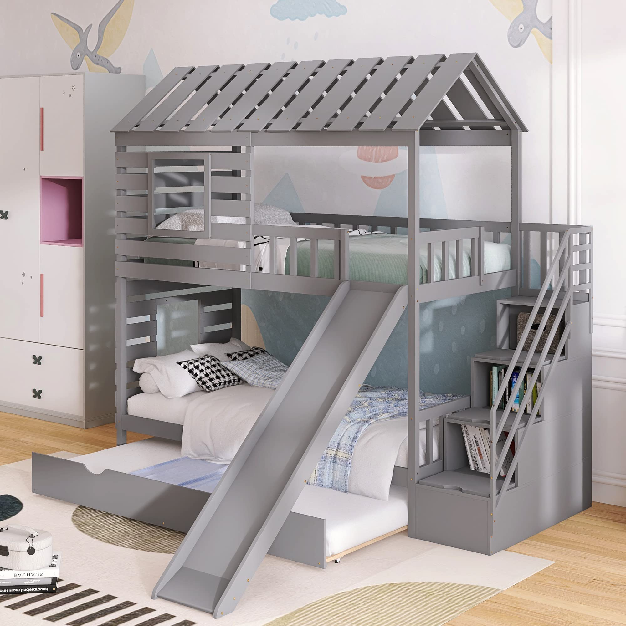 MERITLINE Twin Over Twin Bunk Bed with Stairs and Storage, Kids House ...