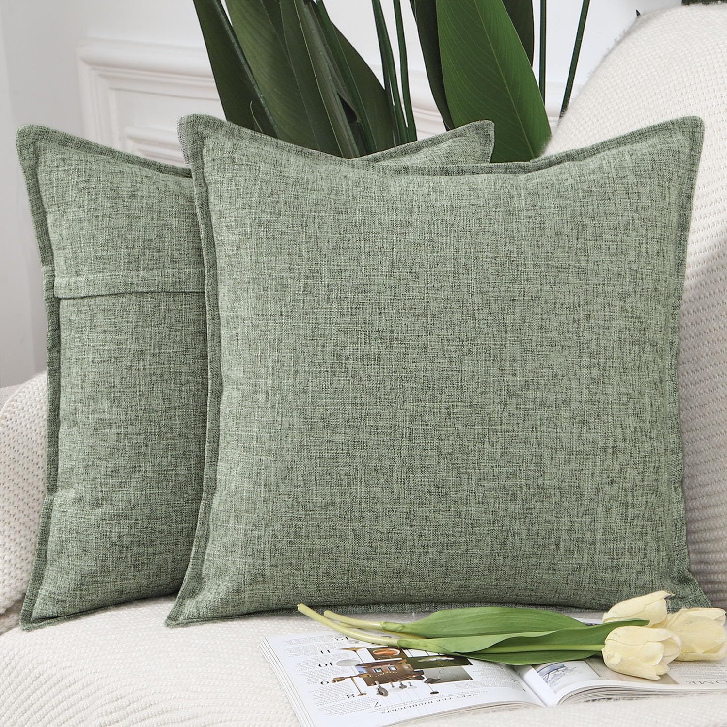 Madizz Set of 2 Faux Linen Cushion Covers 16x16 inch, 40x40 cm, Greyish Green Soft Decorative Couch Pillows for Bed Pillowcases for Sofa Livingroom Home Decor