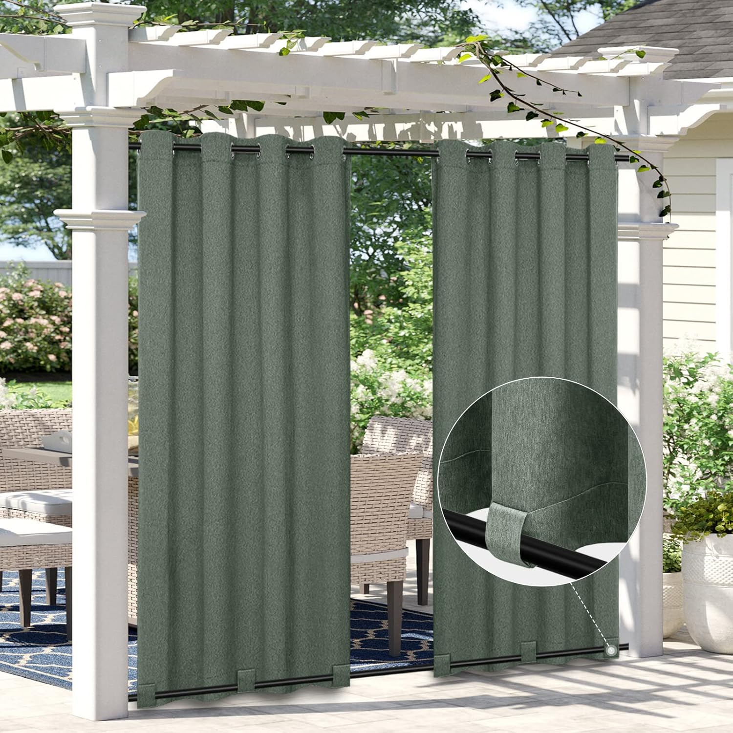 Outdoor Curtains - Easy-Going Linen Look Outdoor Curtains Waterproof Windproof Porch Curtains, Soft Thicken Outdoor Privacy Curtains for Patio, Gazebo, Grommet Top and Tab Bottom Drape, 1 Panel, 54x84 inch, Sage Green