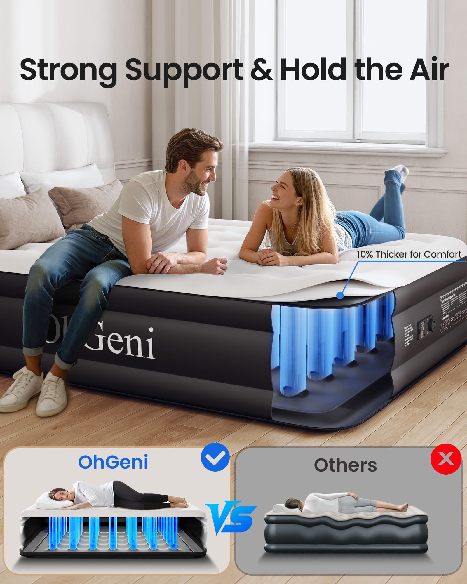 OhGeni Queen Air Mattress with Built in Pump, Inflatable Mattress Blow Up Bed 18 Raised Comfort,Upgraded Surface Portable Mattress, Air Bed for Camping, Home and Guest, Colchone Inflable, 650 lbs Max