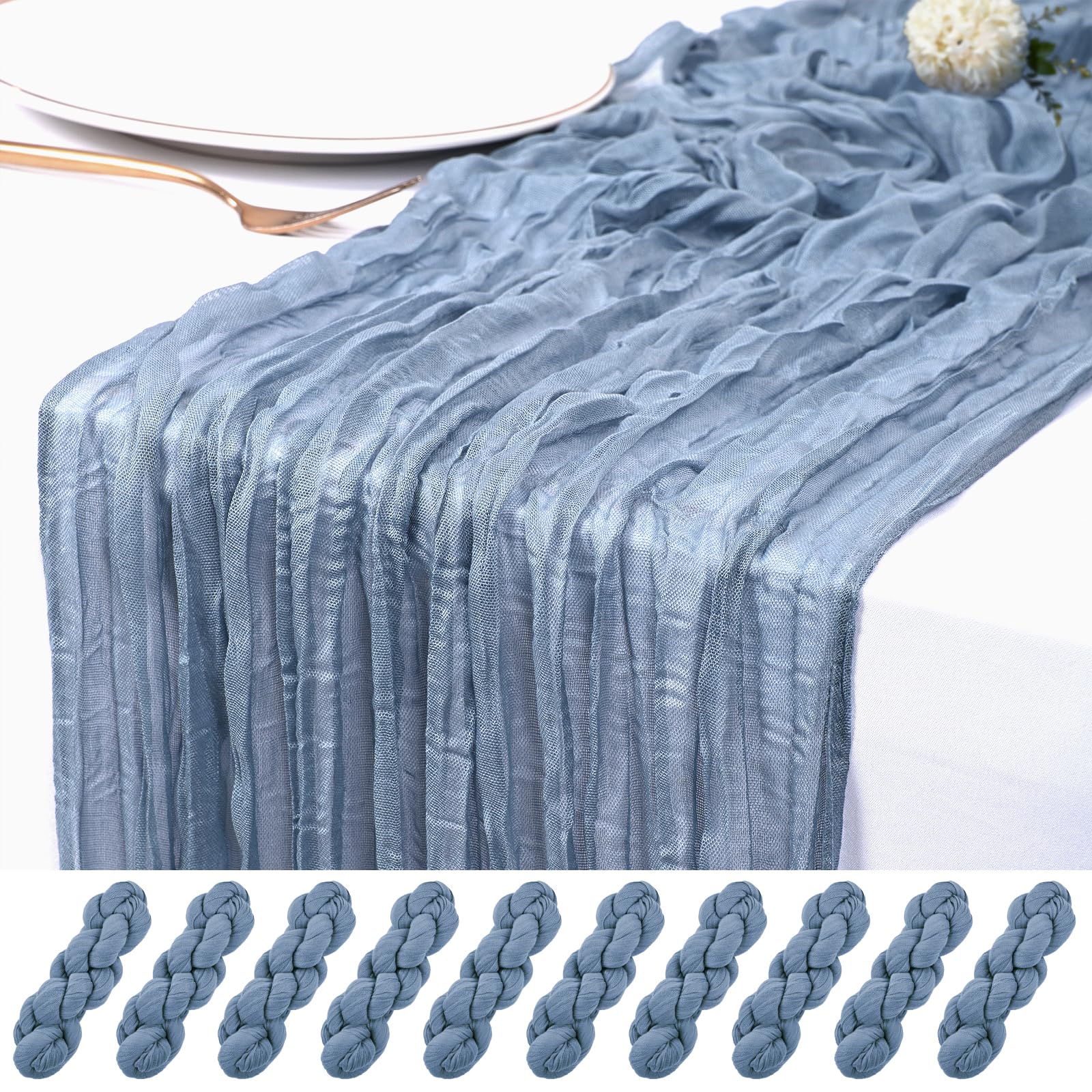 Photo 1 of 10 Pack Dusty Blue Cheesecloth Table Runner 17x108 Inch Semi Sheer Boho Rustic Gauze Cheese Cloth Table Runners for Wedding Party Birthday Baby Shower Home Décor