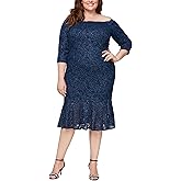 Alex Evenings Women's Plus Size Off The Shoulder Fit and Flare Flounce Hem Cocktail Gown, Mother of The Bride Dress