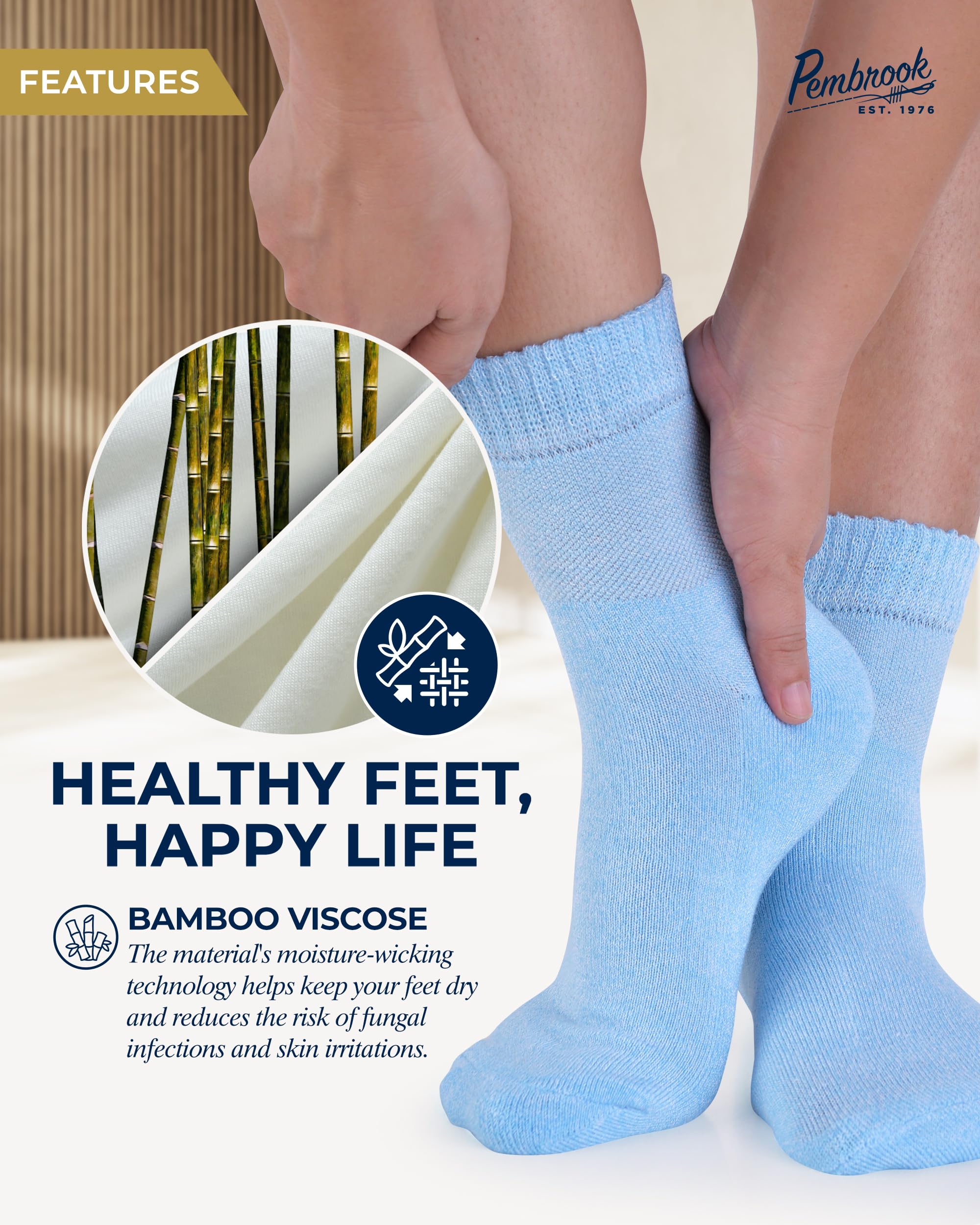 Pembrook Bamboo Viscose Diabetic Socks for Women & Men - 6 Pairs Ankle Socks for Swollen Feet | Neuropathy | Wide Calf | Edema