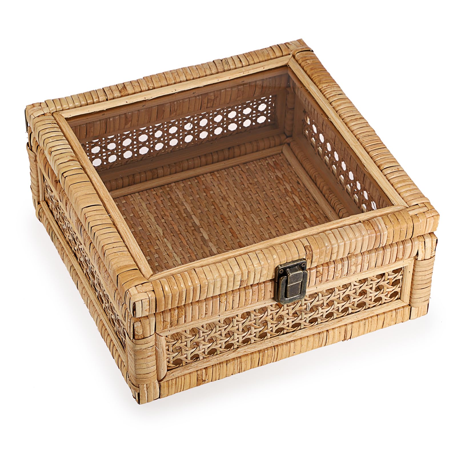 IGNPION Rattan Decorative Box with Lid, Woven Shelf Storage Basket Rectangular Rattan Keepsake Display Box Boho Style Desktop Basket for Home Décor(25x25x11cm)