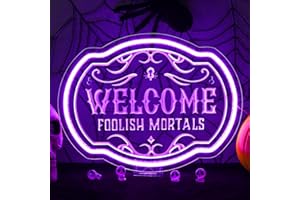 Horseneon Welcome Foolish Mortals Halloween Neon Sign Haunted Mansion LED Wall Decor for Halloween Door Light Horror Movie Parties & Themed Bars Spooky Flicker Effect Halloween Decor