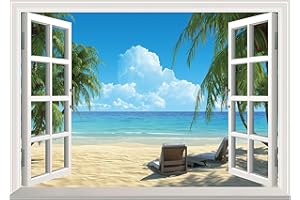 FLFK Fake Window Wall Sticker - Summer Beach Faux Window Wall Mural for Wall Decor, Stick and Peel Wall Decals,48"x32",Set of