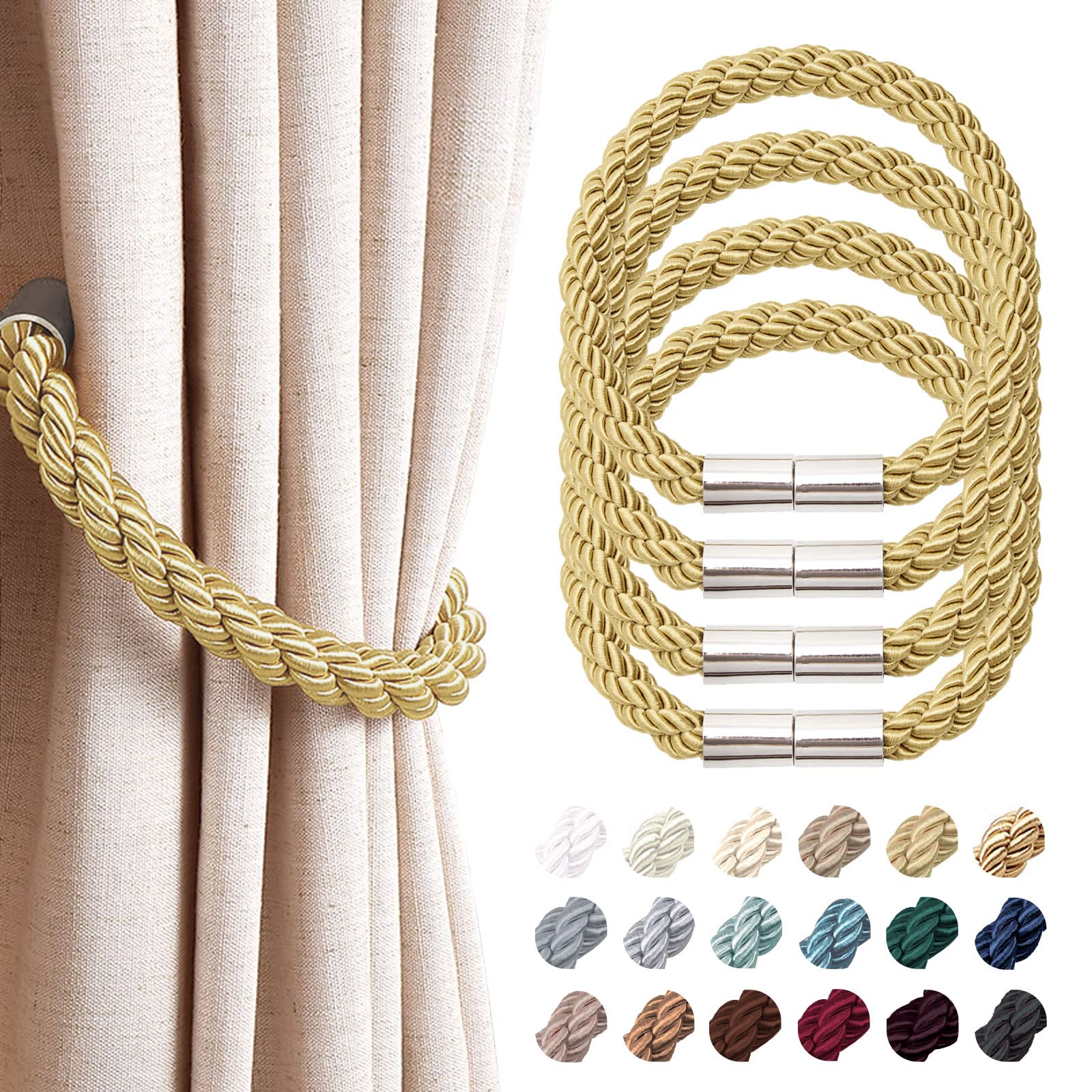 Pretty Jolly 4 Pack Strong Magnetic Curtain Tiebacks Modern Simple Style Drape Tie Backs Convenient Decorative Weave Rope Curtain Holdback for Thin or Thick Home & Office Window Drapery (Gold)