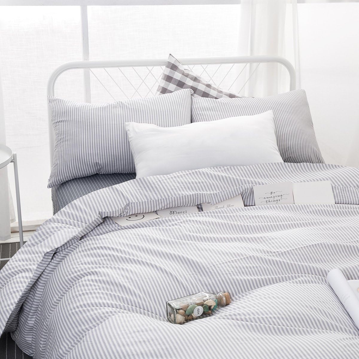 Wake In Cloud - Gray White Striped Comforter Set, Grey White Vertical Ticking Stripes Modern Pattern Printed, 100% Cotton Fabric with Soft Microfiber Inner Fill Bedding (3pcs, King Size): Home & Kitchen