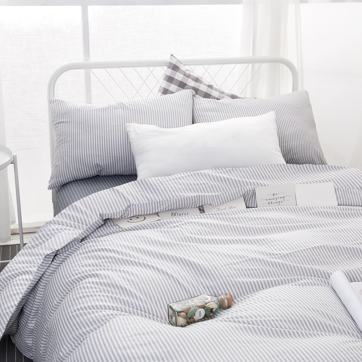 Wake In Cloud - Gray White Striped Duvet Cover Set, 100% Cotton Bedding, Grey  eBay