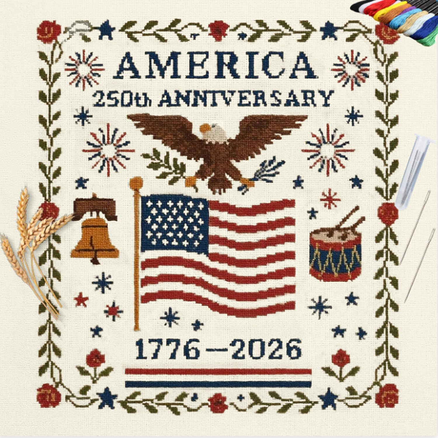 Photo 1 of US 250th Anniversary Pre-Printed Embroidery kit, DIY Personalized Patriotic Counted Pre-Printed Embroidery Kits, Suitable for Beginners to Commemorate Embroidery, Gift for Veterans and Military Fans