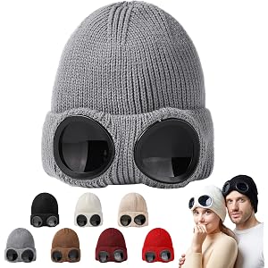 Beanie with Goggles, Winter Ski Beanie Hat with Goggles | Thicker Knit Plush Lined Warm Cap, Windproof Glasses, Ideal for Out