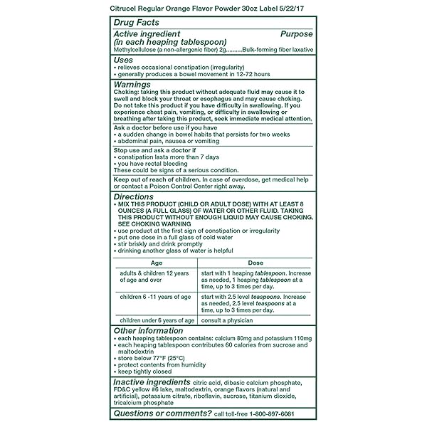 CITRUCEL POWDER ORANGE FLAVOR FIBER THERAPY FOR OCCASIONAL CONSTIPATION RELIEF, 30 OUNCE