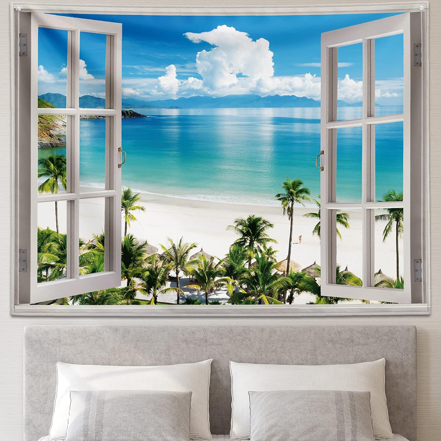 Tapestries - GOURIDA Beach Tapestry,Blue Ocean Sea Tropical Island Palm Tree Scenic View from Balcony Summer Scenery Tapestry Wall Hanging Nature for Bedroom Aesthetic Dorm 82x61 inch, 82 W x 61 H inch…