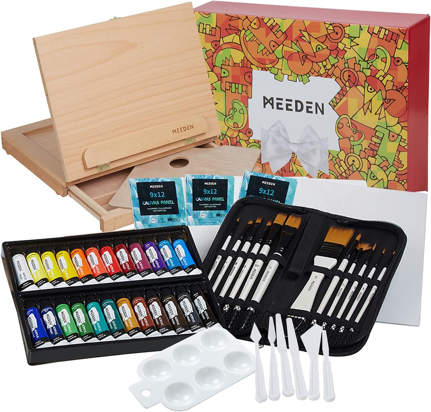 MEEDEN 46 Pcs Easel Painting Set - 24 Colors Acrylic Paints Set, 3pcs 9" x 12" Canvas Panels, 12 Artist Brushes Set, Wood Palette, Pefect for Childern, Teens, Beginners and Professinol Artistis