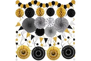 ZERODECO Black Gold Party Decorations, New Years Eve Party Supplies Easy Assembly Paper Fan Honeycomb Ball Garland Hanging Swirl for Graduation Congrats Grad Birthday Happy New Year Party