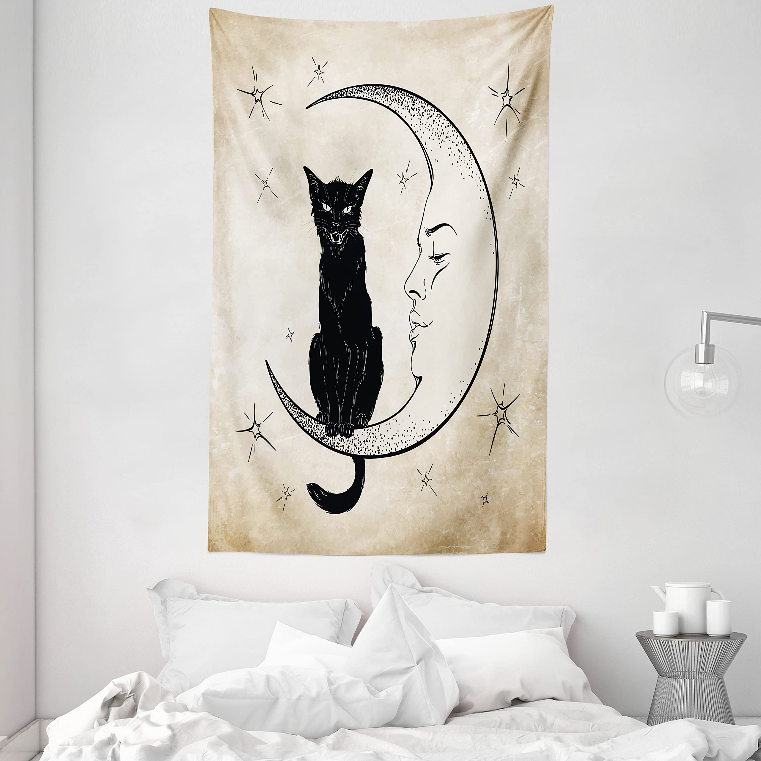 ABAKUHAUS Moon Tapestry, Black Cat Sitting on White Crescent Moon Contrasting Facial Expressions Feline, Fabric Wall Hanging Decor for Bedroom Living Room Dorm, 54 W X 90 L, Sand Brown Black