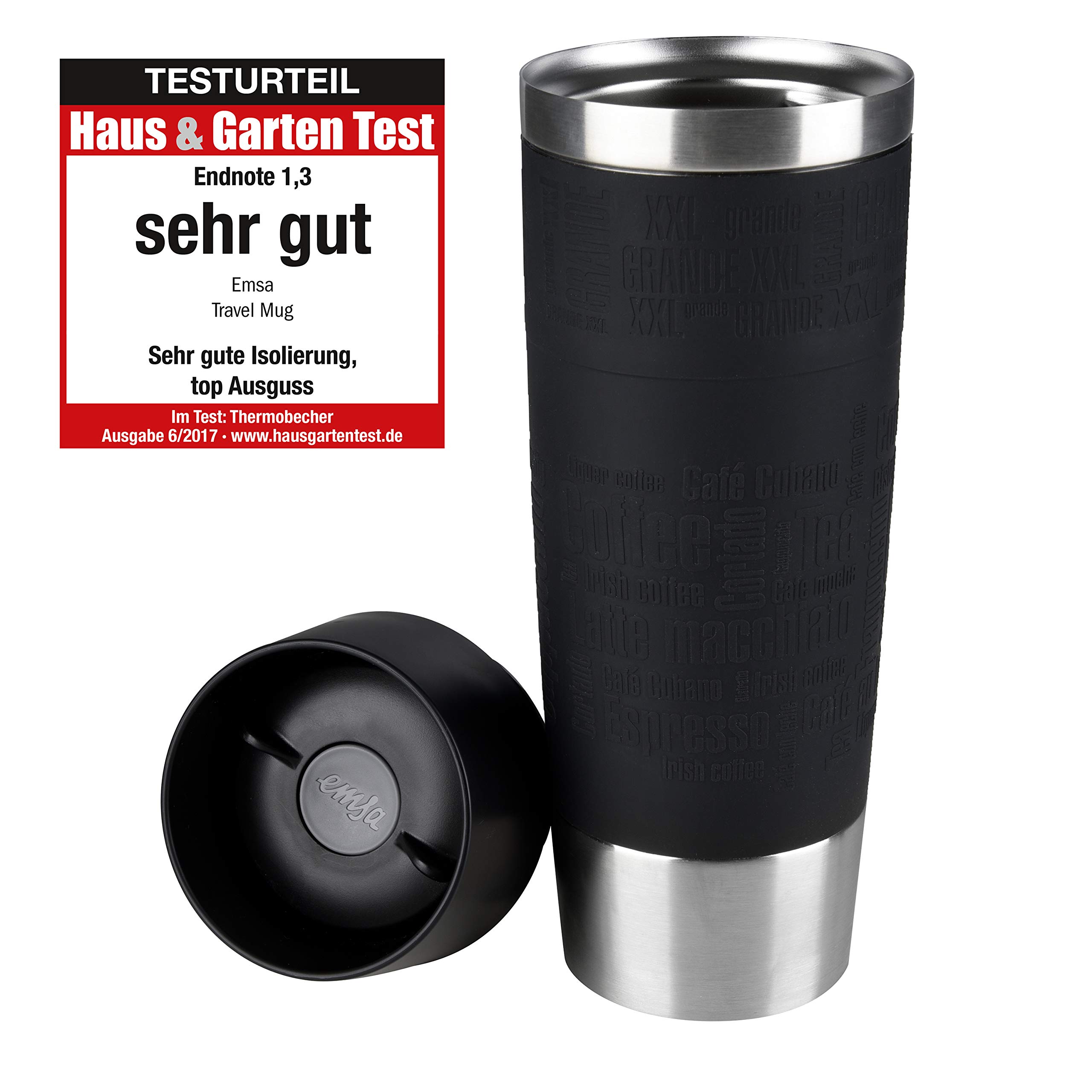 Emsa Travel Mug Classic Grande Thermobecher, 500 ml, Isolierbecher hält 6h heiß, 12h kalt, auslaufsicher, Quick-Press-Verschluss, 360 Grad-Trinköffnung, Kaffeebecher to go, Schwarz, 515615