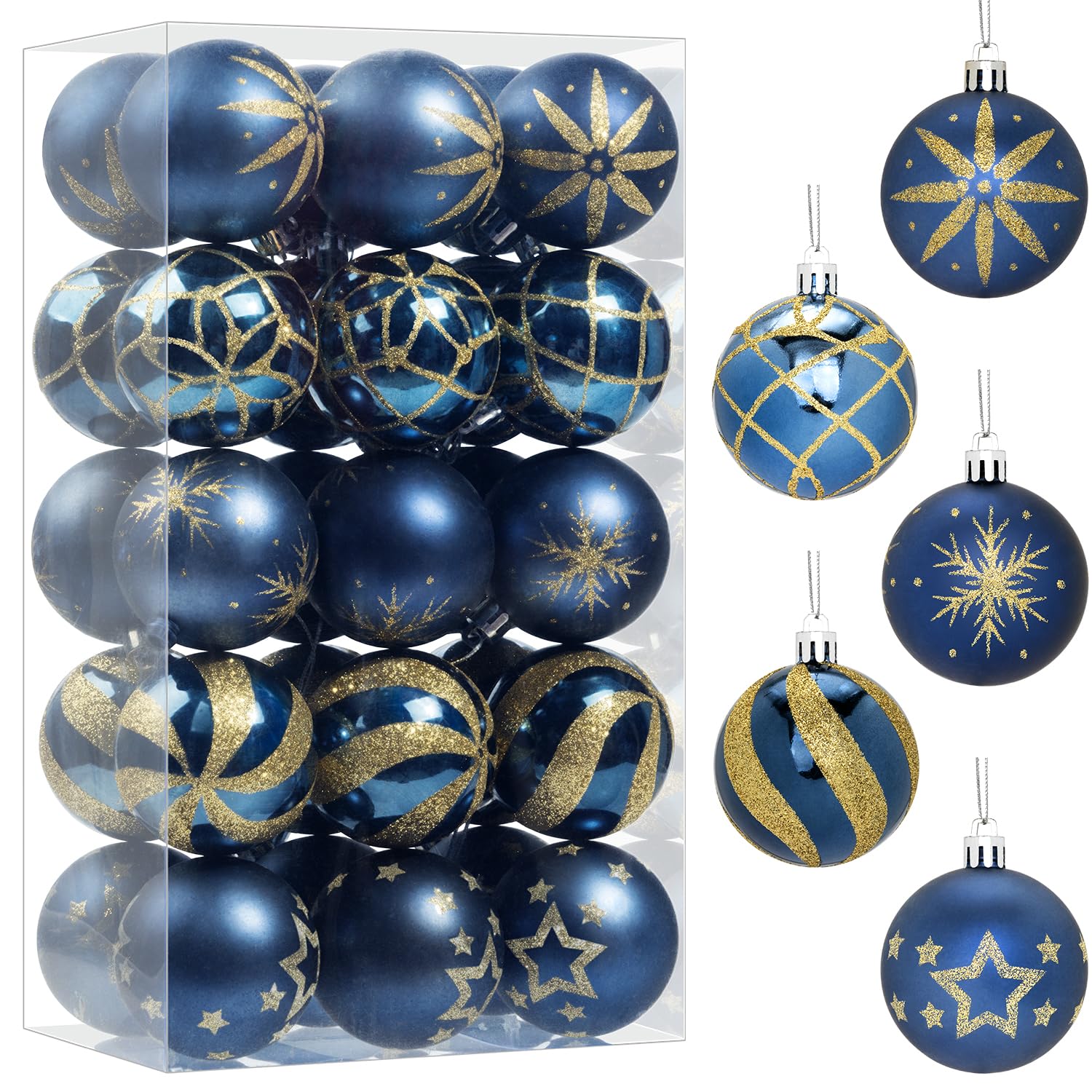 Photo 1 of 30 Pcs Christmas Ball Ornaments Set, 2.36'' Blue and Gold Hand-Painted Ornament Bulk for Xmas Tree, Shatterproof Tree Decorations for Holiday Party, Wreath, Winter Décor