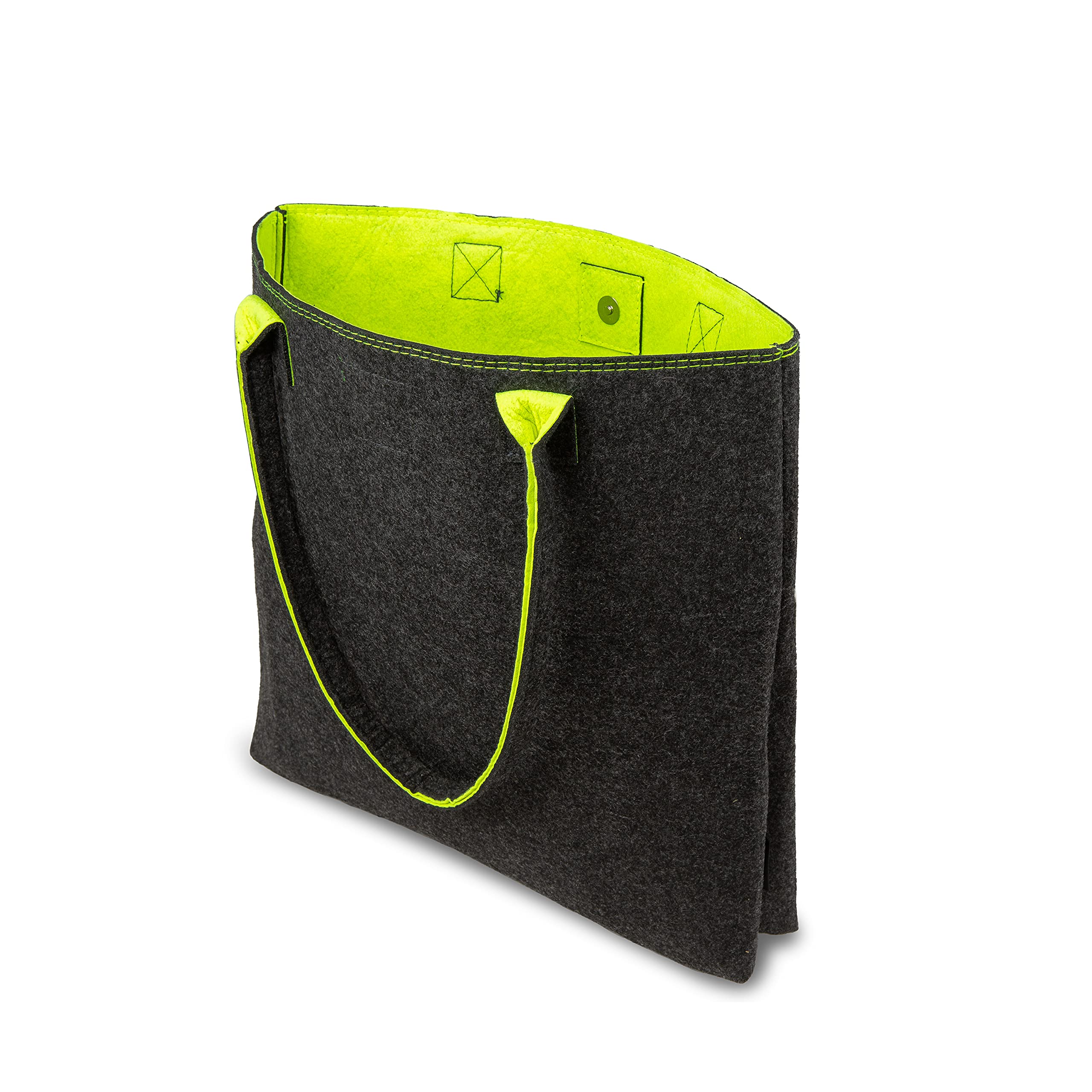 Tebewo Felt Shopping Bag, Large Lockable Shopping Bag with Handle, Shopping Basket, Foldable Firewood Bag for Storing Wood, Versatile Carry Bag, Grey/Neon Yellow