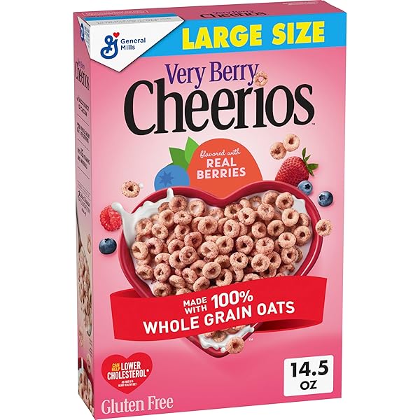 VERY BERRY CHEERIOS CEREAL, LIMITED EDITION HAPPY HEART SHAPES, HEART HEALTHY CEREAL WITH WHOLE GRAIN OATS, LARGE SIZE, 14.5 OZ