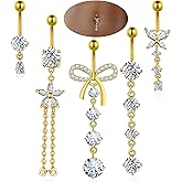 BSJ4U Belly Button Rings Gold Plated Silver Pink Clear CZ Belly Rings for Women Heart Bow Flower Butterfly Teardrop Dangle Navel Belly Button Piercing Jewelry