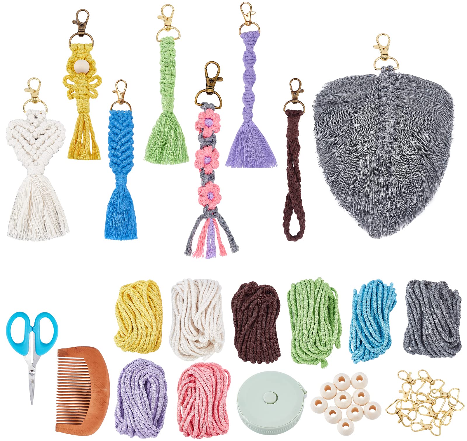 INFUNLY 8 Set Macrame Keychain DIY Kits Mini Boho Keychains Bag Charms Macrame Keychain Bracelet with Tassels for Car Key Purse Phone Instruction Included Easter Gift
