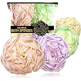 Large Loofah Bath Sponge 70g, 6.3 Inch Exfoliating Shower Loofah, Soft Durable PE Mesh with Reinforced Knotting, Rich Lather Body Wash Scrubber, Sweet Little Gifts Set (B-4Pack)
