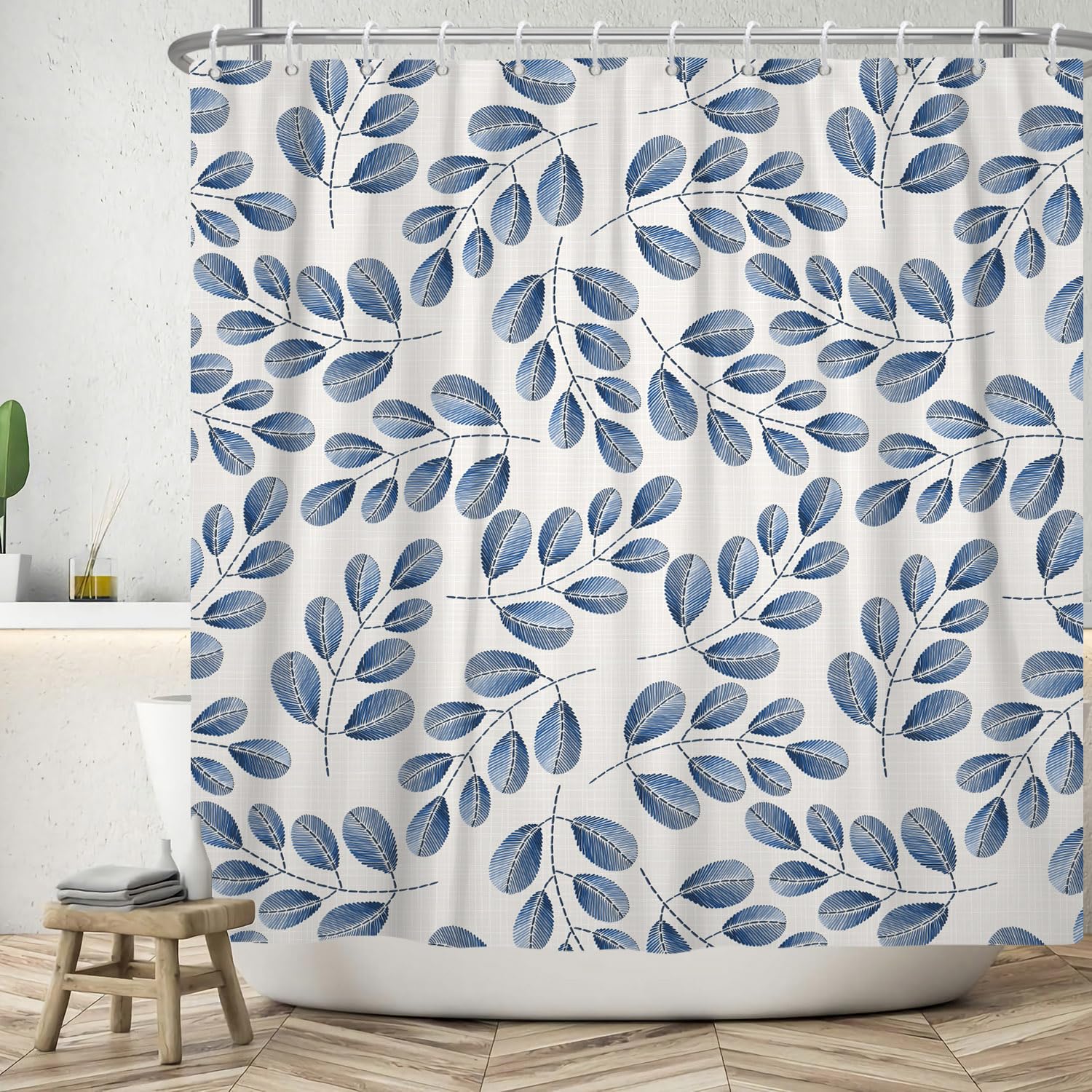 ASDCXZ Leaves Shower Curtain 180x200 cm, Spring Simplicity Blue Leaves Grey Bath Washable Shower Curtains Polyester Textile Waterproof Bath Curtain for Bathtub with 12 Hooks