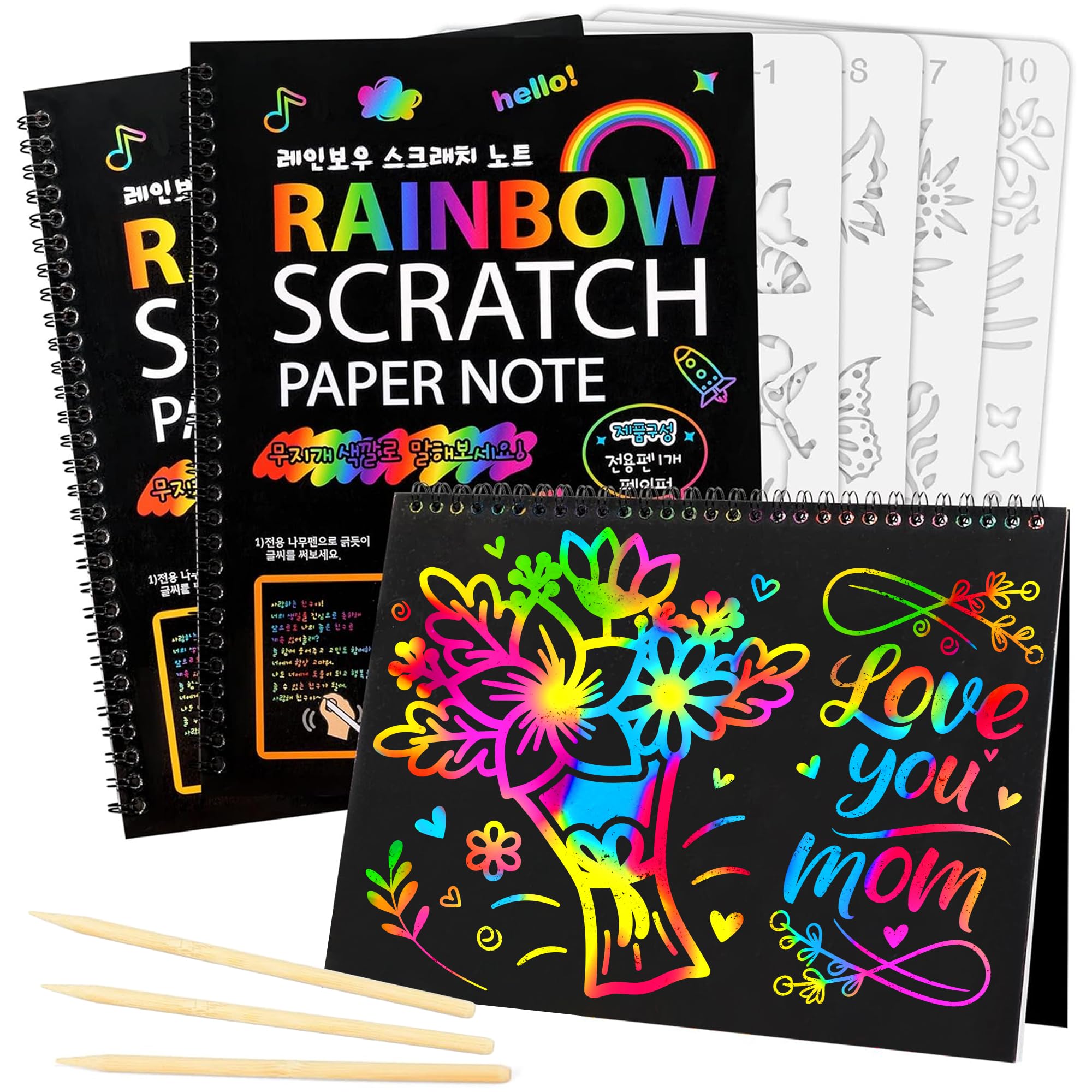 Mocoosy Scratch Art for Kids- 3 Large Rainbow Scratch Notebooks, Magic Scratch Art Paper Pads, Arts and Crafts for Kids Toys Girls Birthday Presents Drawing Activity Gifts for 3-12 Year Old Girls Boys