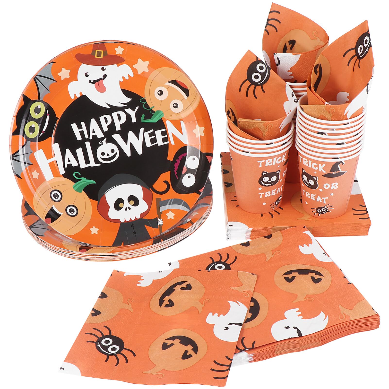 Halloween Disposable Dinnerware Set -Serves 24 - Hemoton Paper Tableware Halloween Party Supplies Including 24 Paper Plates, 48 Napkins and 24 Cups