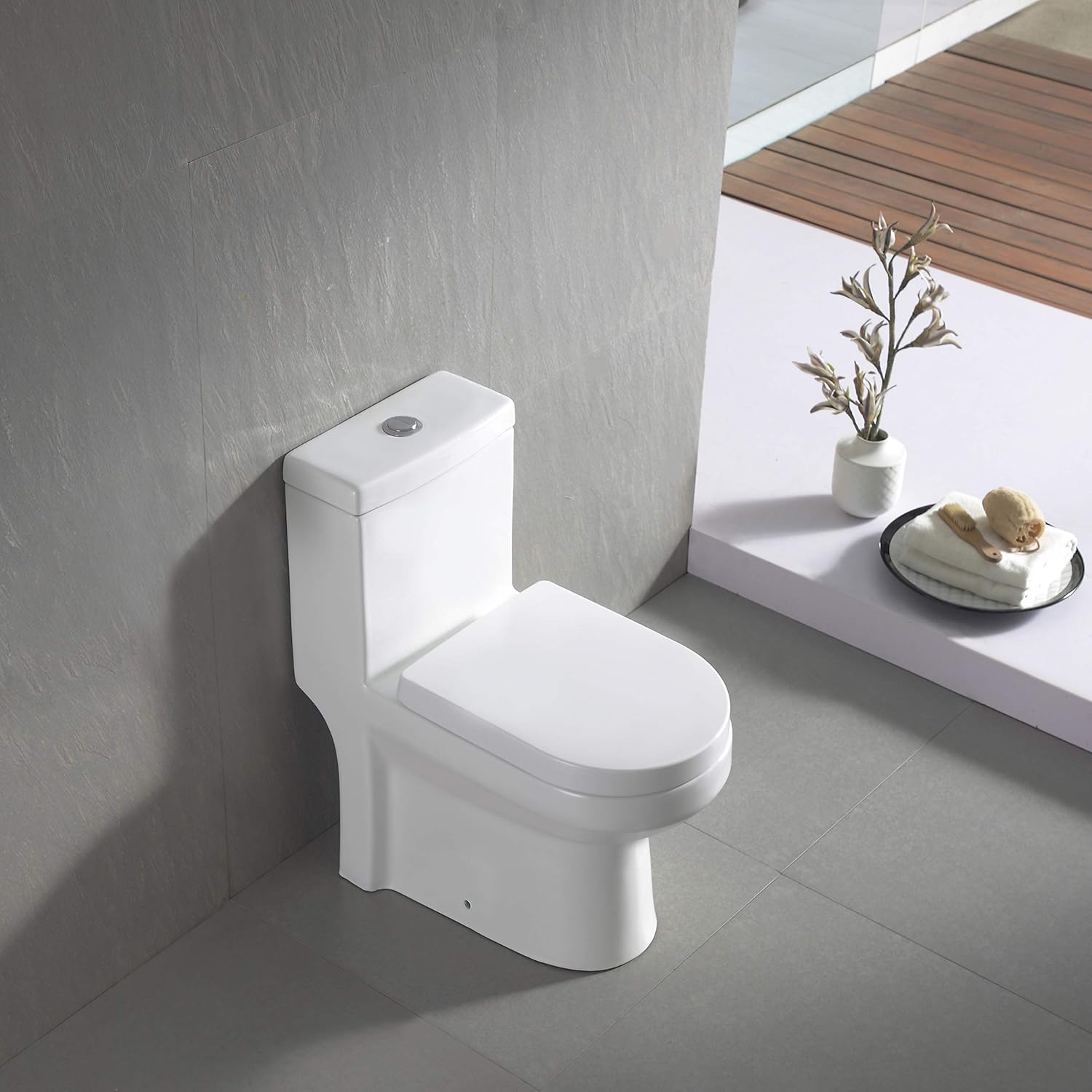 DeerValley DV-1F52813 Small Compact Dual-Flush Elongated One-Piece Toilet, Space Saver Commode designed for Water Closet, Soft Closing Seat Included, High-Efficiency WaterSense Cotton White - - 