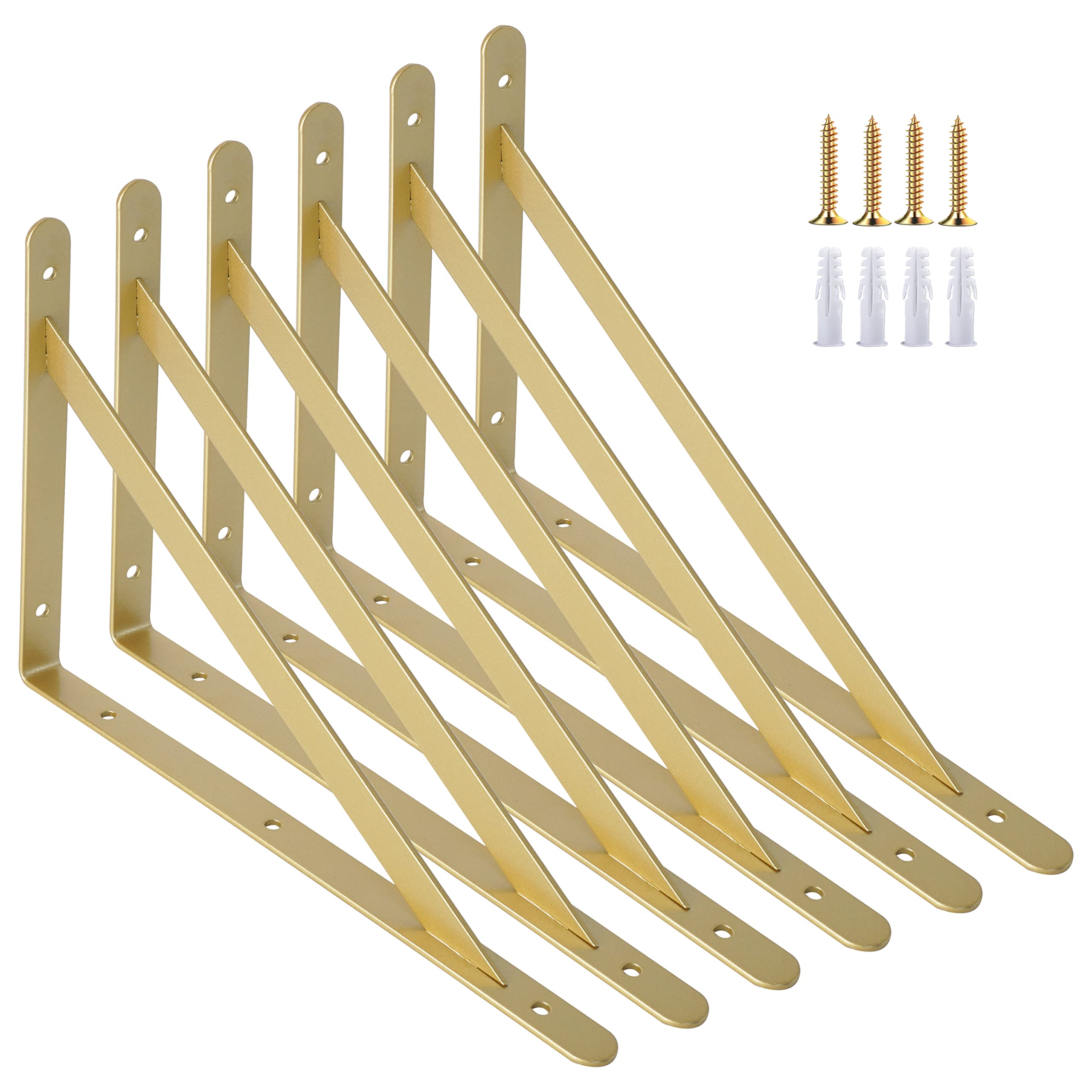 AddGrace Shelf Brackets Heavy Duty Triangle Shelving Brackets 150x95mm Wall Mounted Metal Right Angle Shelf Support Screws Include (150x95mm/6x3.7inch) Gold 6 Pack — image 1