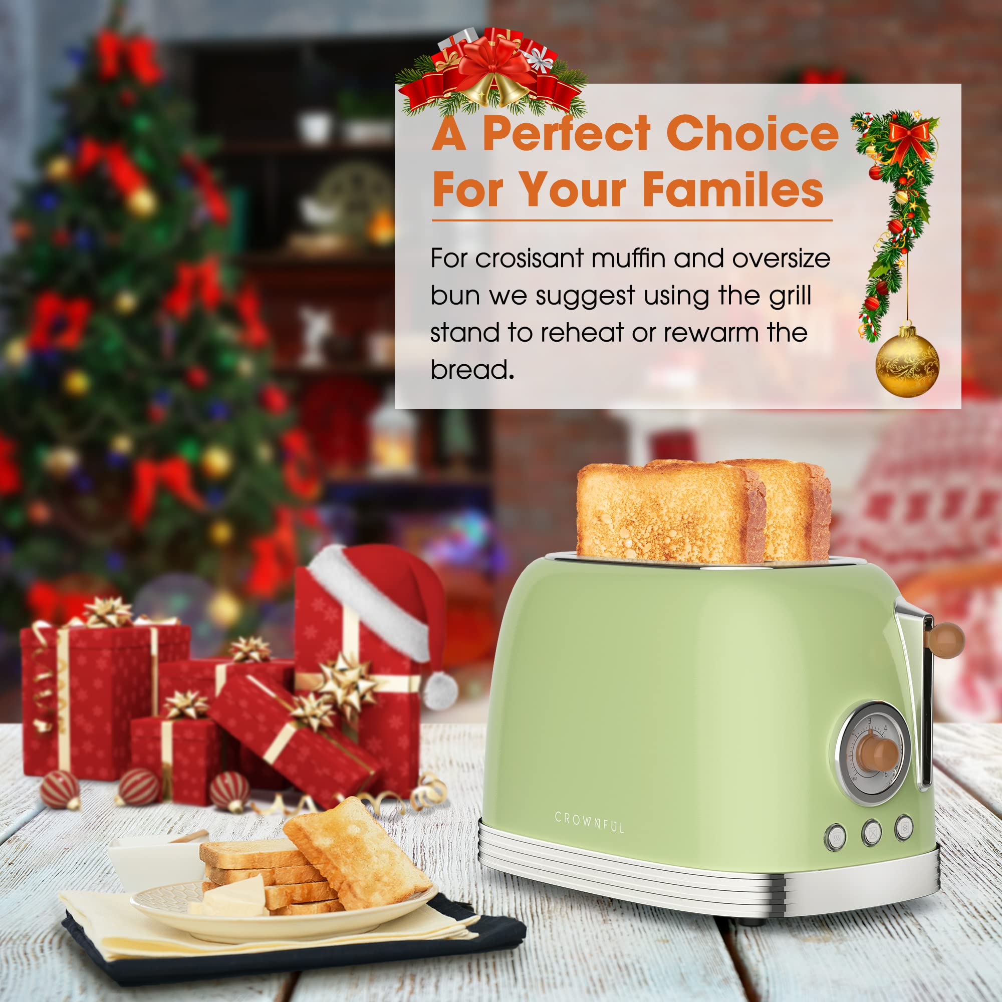 CROWNFUL 2-Slice Toaster, Extra Wide Slots Toaster, Retro Stainless Steel with Bagel, Cancel, Defrost, Reheat Function and 6-Shade Settings, Removal Crumb Tray, Green