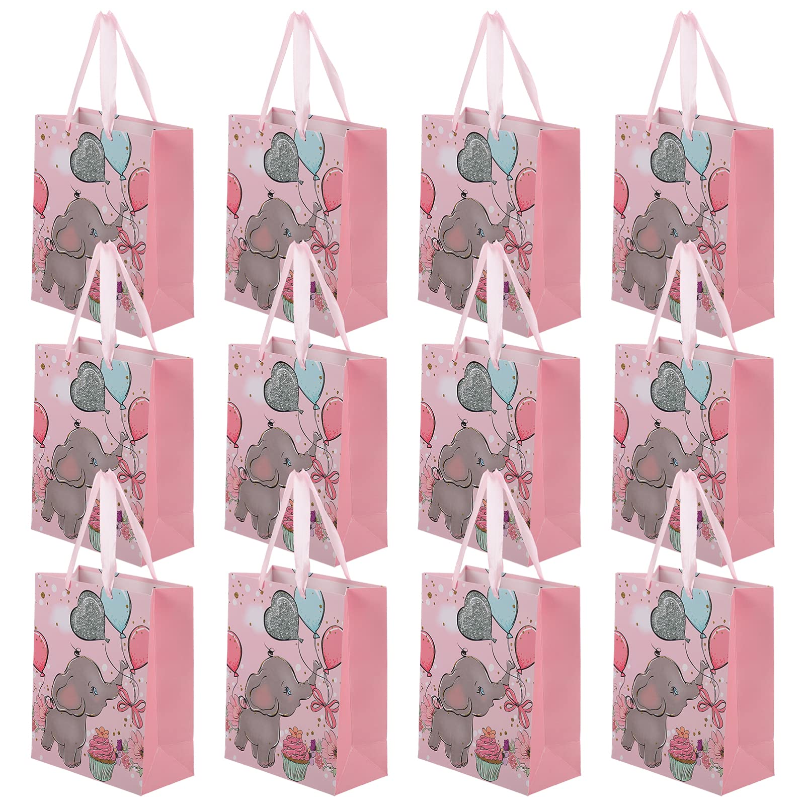 Toddmomy 12Pcs Paper Bag with Handles Elephant Pattern Party Favor Bag Grocery Bags Candy Goodie Pouches for Wedding Birthday Baby Shower Party Supplies Pink 20x16x8cm