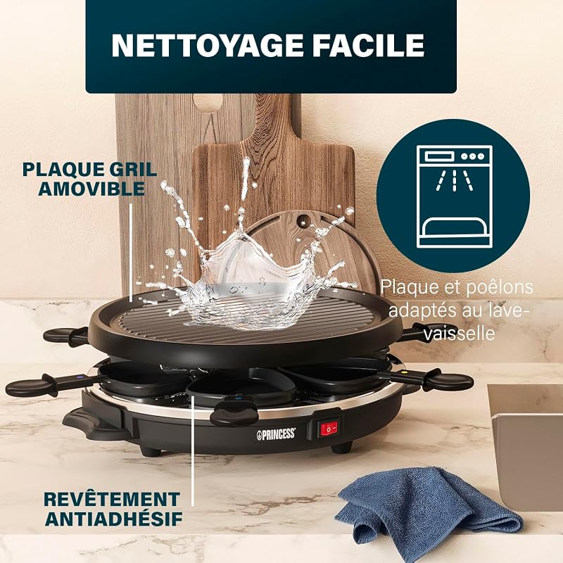 Raclette pour 6 personnes avec plaque de grill ronde amovible – Surface antiadhésive, cuisson saine sans matière grasse, idéale pour viande, poisson et légumes