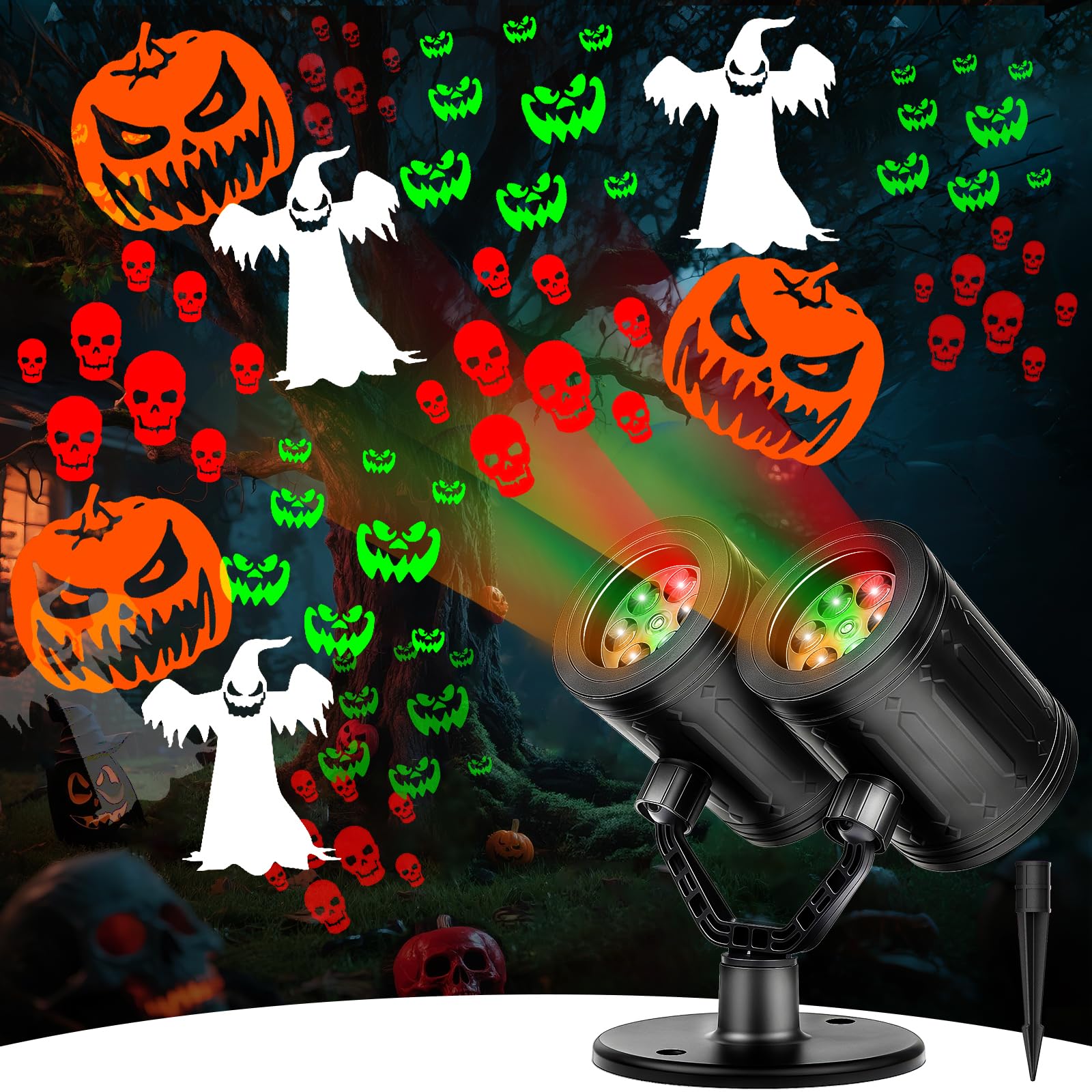 Photo 1 of ***MAJOR DAMAGE*** Nielfoi Upgraded Halloween Projector Lights Outdoor, Double Head Dynamic Projector Lights Indoor, 360° Rotating Waterproof Pumpkin Ghost Skeleton Bats Projection Light for Yard Window Party Decor
