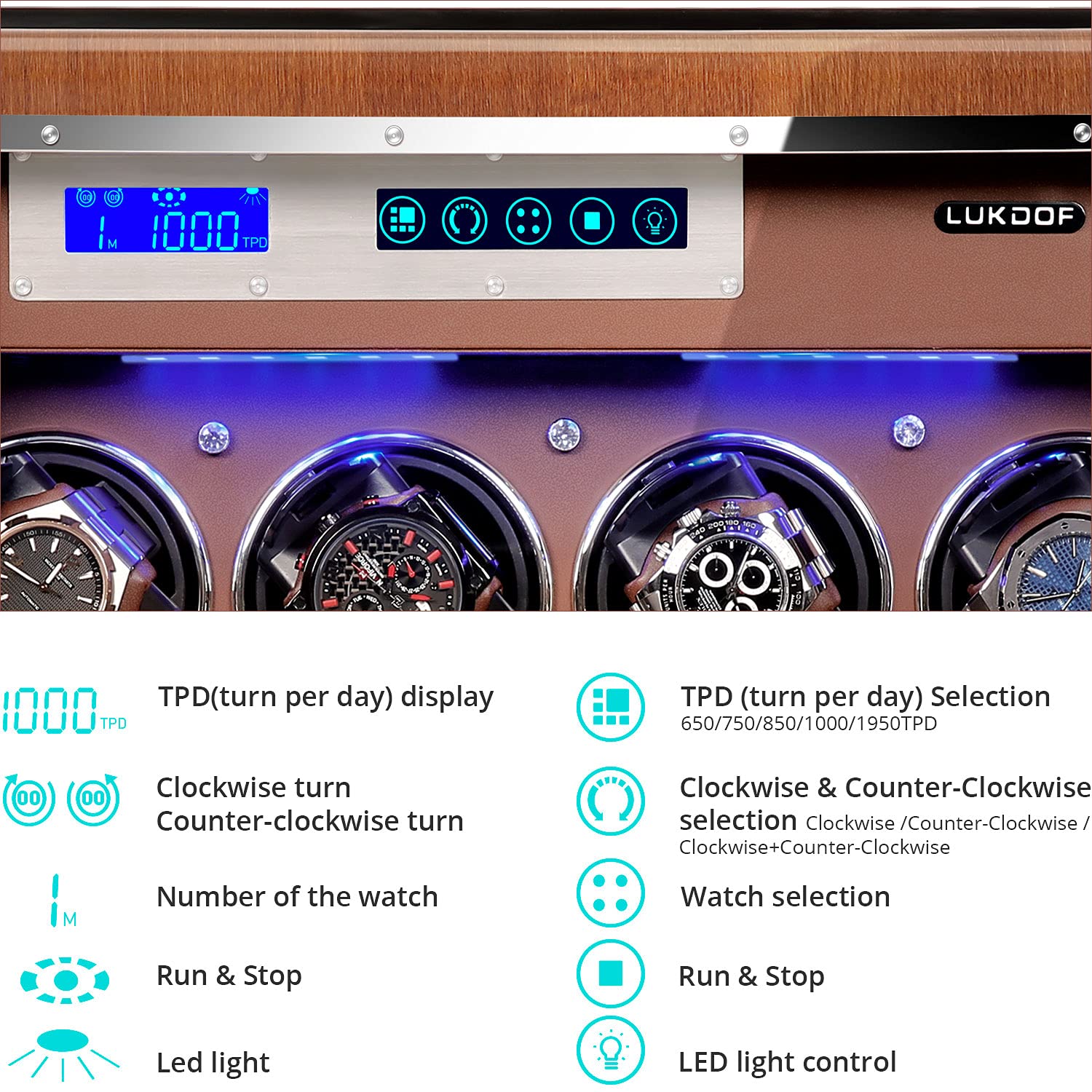 LUKDOF Automatic Watch Winder, Luxury Walnut Watch Winder for Rolex with Quiet Motor and Adjustable Upgraded Watch Pillows Battery Powered or AC Adapter Watch Winder Box for Men and Women