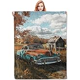 VANZEV Vintage Car Blanket Gifts for Women, Autumn Rustic Old Car Flannel Blanket, Soft Warm Lightweight Throw Blankets for Bed Couch Home Travel Decor 50" x 60"