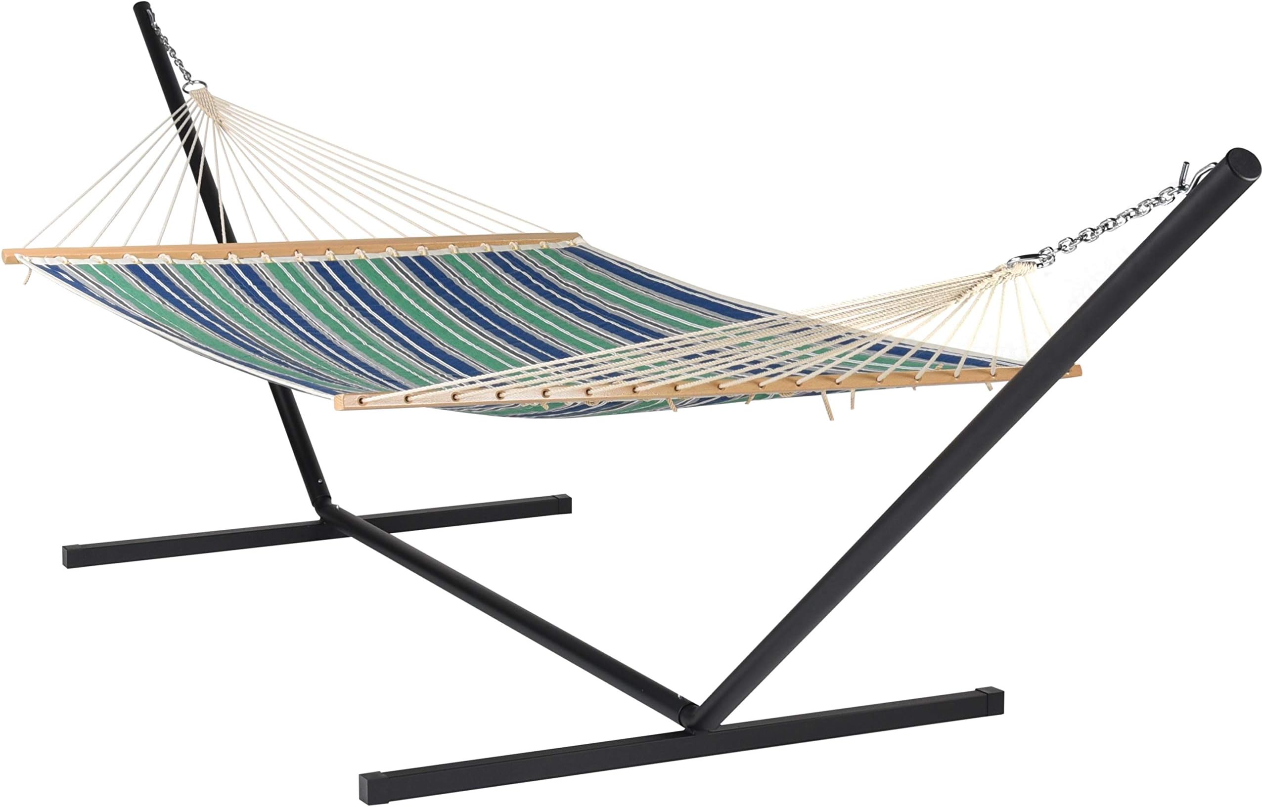 Quilted Hammock and Tribeam Stand (Green and Blue Stripe with TRIBEAM Stand Black)