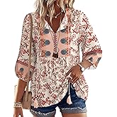 Rapbin Women Summer Boho Tops 3/4 Sleeve Pleated Blouses Casual V Neck Tie Front Spring Tunic Tops